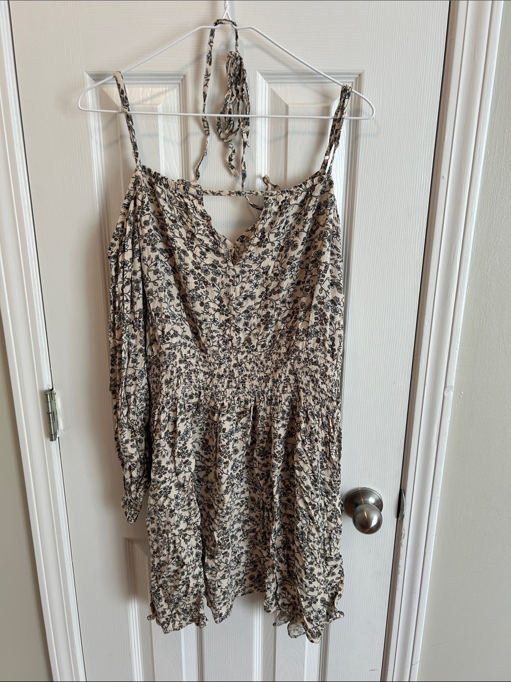 Old Navy Cream and Black Floral One-Shoulder Dress